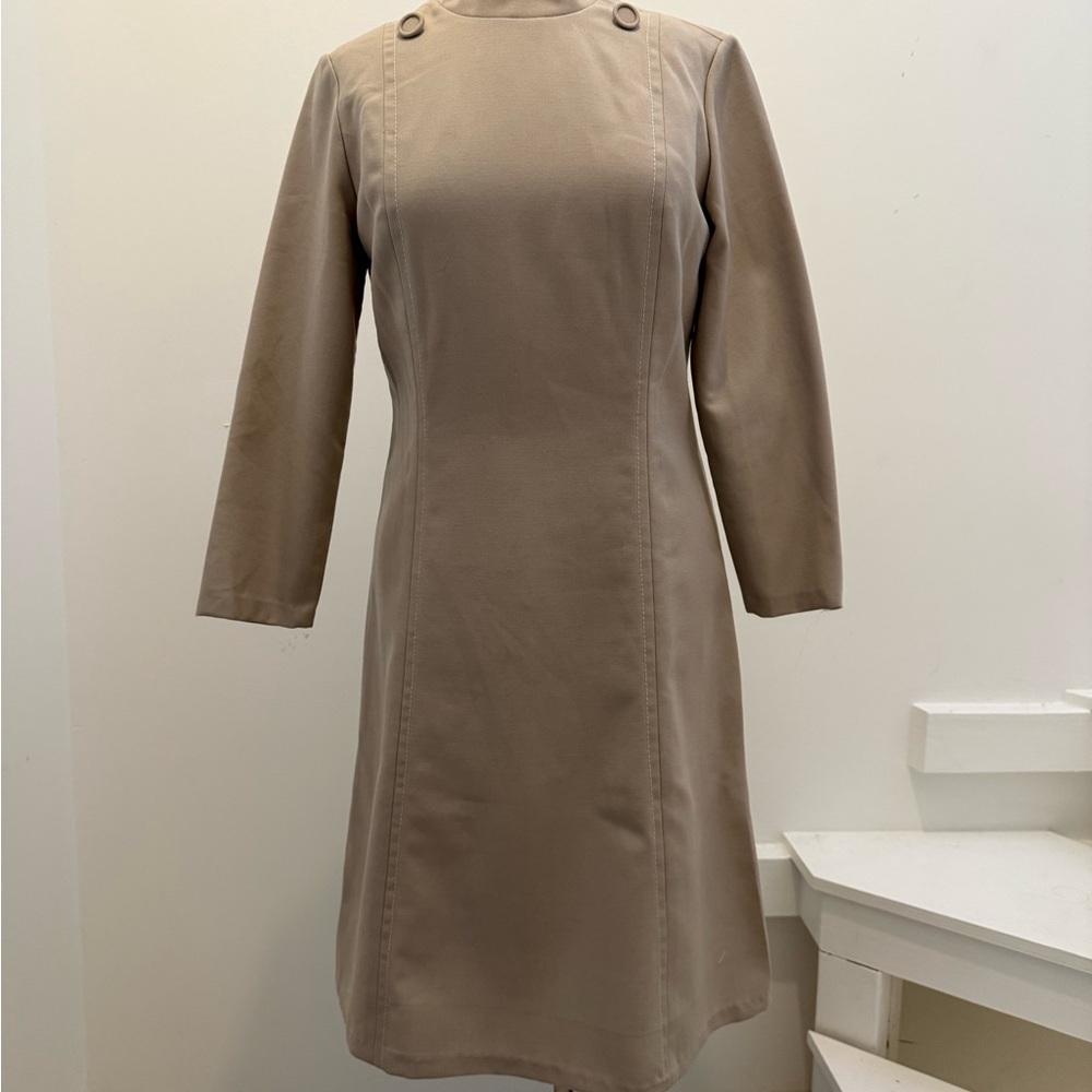 Vintage Tan Sheath Dress Long Sleeve Mock Neck